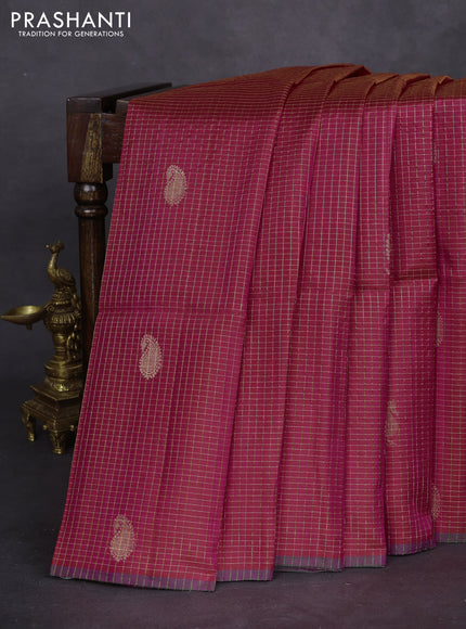 Pure soft silk saree dual shade of pinkish red with allover zari checks & buttas and piping border