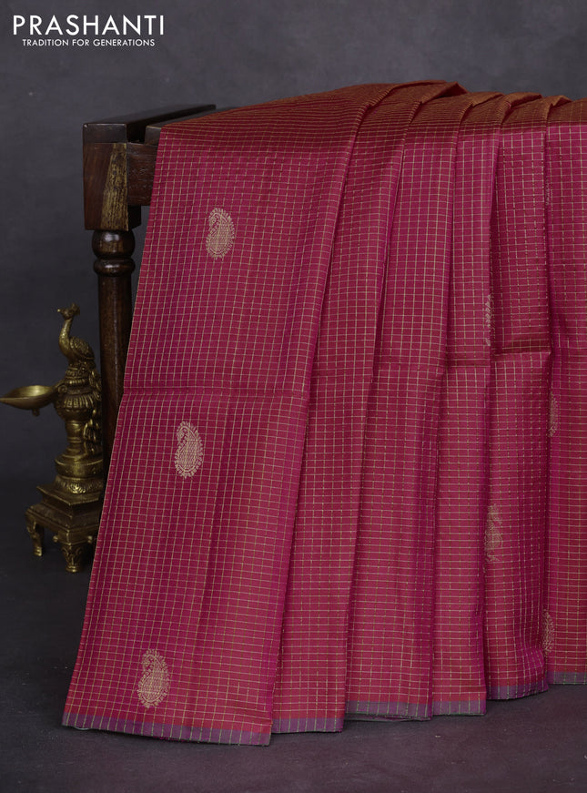 Pure soft silk saree dual shade of pinkish red with allover zari checks & buttas and piping border