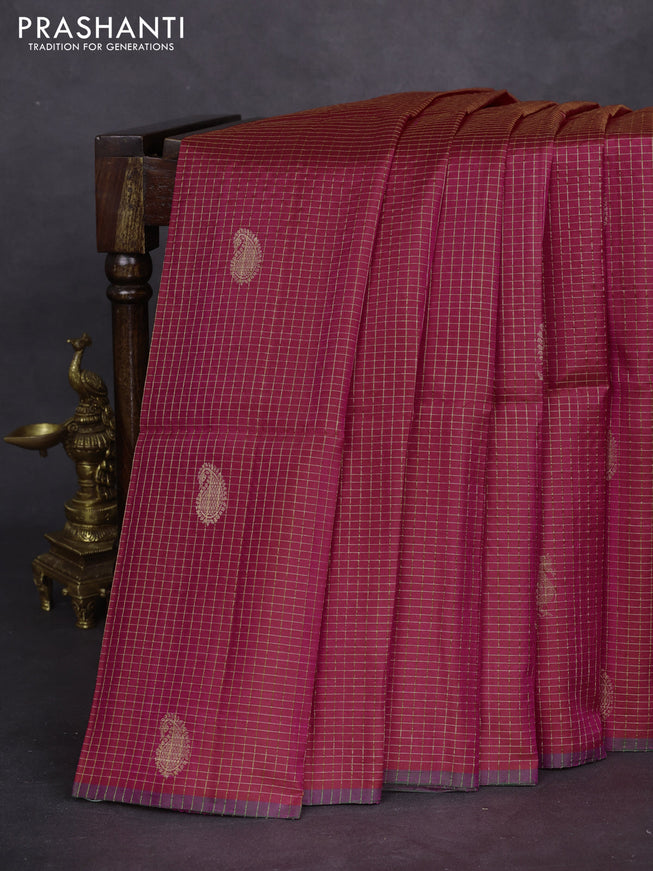 Pure soft silk saree dual shade of pinkish red with allover zari checks & buttas and piping border