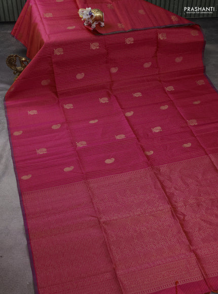Pure soft silk saree dual shade of pinkish red with allover zari checks & buttas and piping border