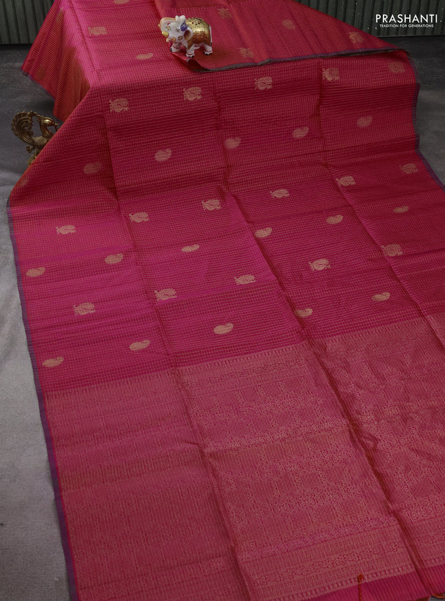 Pure soft silk saree dual shade of pinkish red with allover zari checks & buttas and piping border