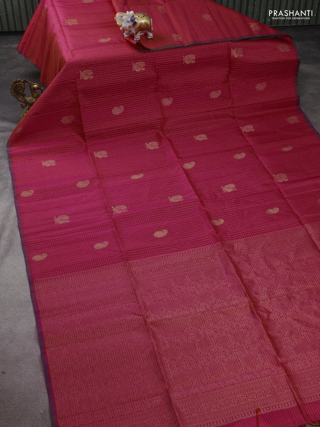 Pure soft silk saree dual shade of pinkish red with allover zari checks & buttas and piping border
