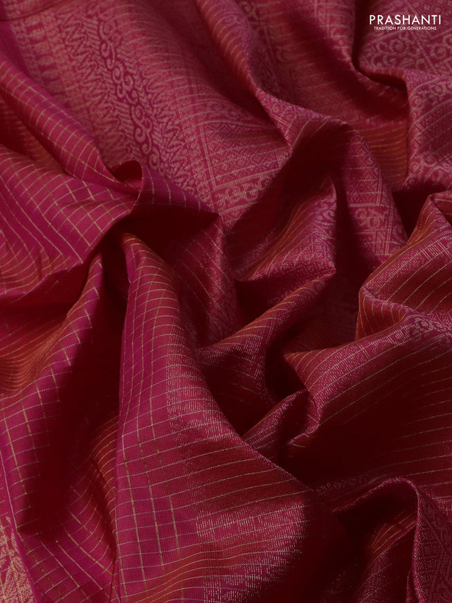 Pure soft silk saree dual shade of pinkish red with allover zari checks & buttas and piping border