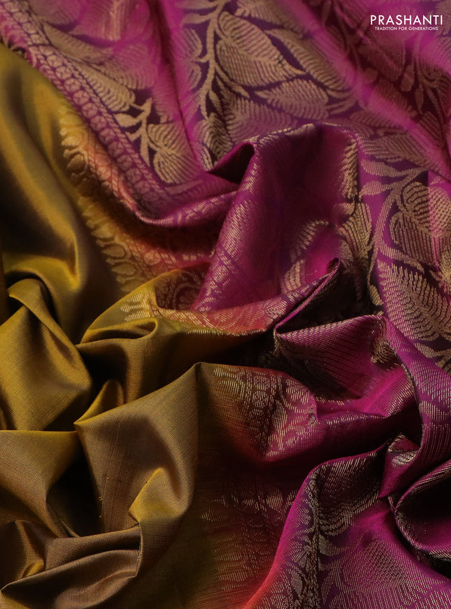 Pure soft silk saree dark mustard and purple with zari woven buttas and rettapet zari woven border