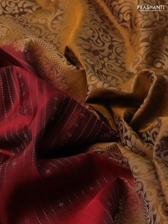 Pure soft silk saree maroon and dark mustard with allover zari weaves and rettapet zari woven border