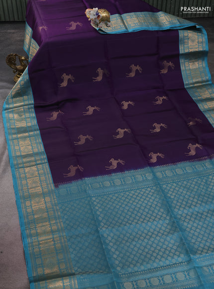 Pure soft silk saree violet and teal blue with zari woven buttas and zari woven border