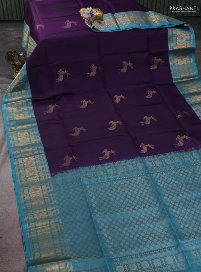Pure soft silk saree violet and teal blue with zari woven buttas and zari woven border