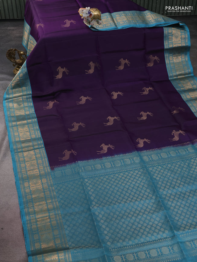 Pure soft silk saree violet and teal blue with zari woven buttas and zari woven border