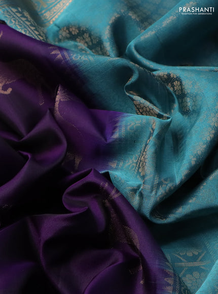 Pure soft silk saree violet and teal blue with zari woven buttas and zari woven border