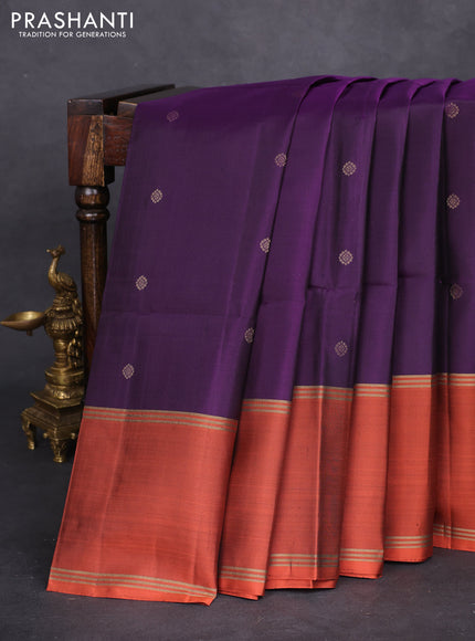 Pure soft silk saree purple and rustic orange with zari woven buttas and long rettapet zari woven border