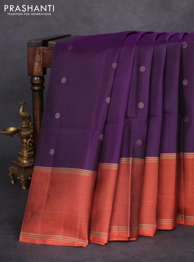 Pure soft silk saree purple and rustic orange with zari woven buttas and long rettapet zari woven border