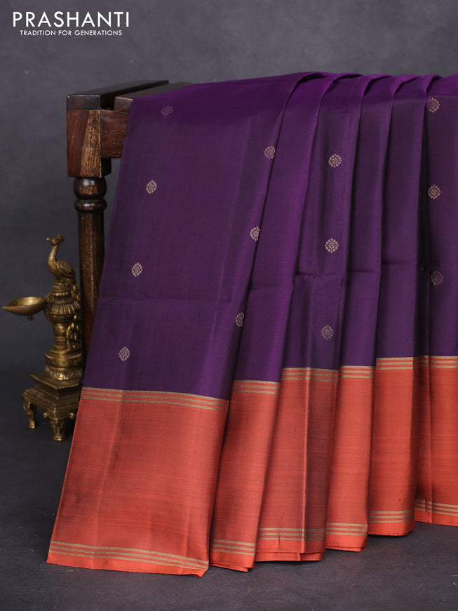 Pure soft silk saree purple and rustic orange with zari woven buttas and long rettapet zari woven border