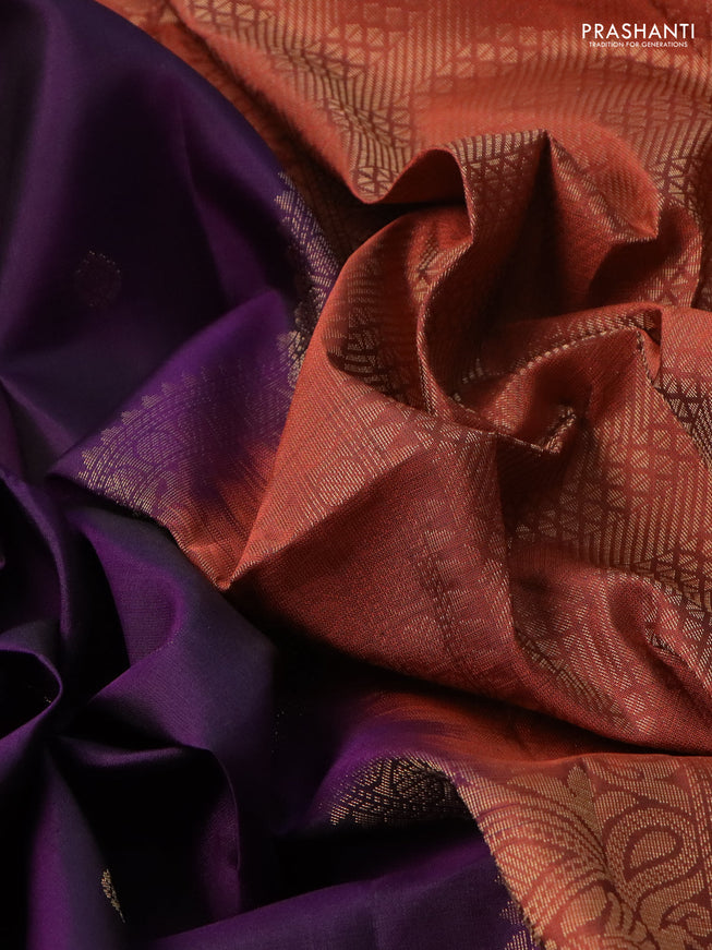 Pure soft silk saree purple and rustic orange with zari woven buttas and long rettapet zari woven border