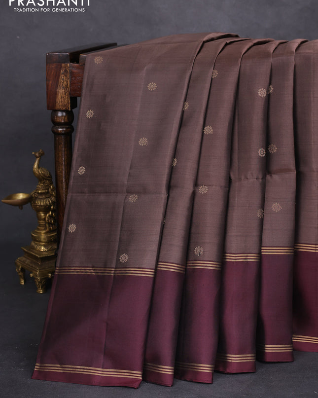 Pure soft silk saree pastel brown and deep maroon with zari woven buttas and rettapet zari woven border