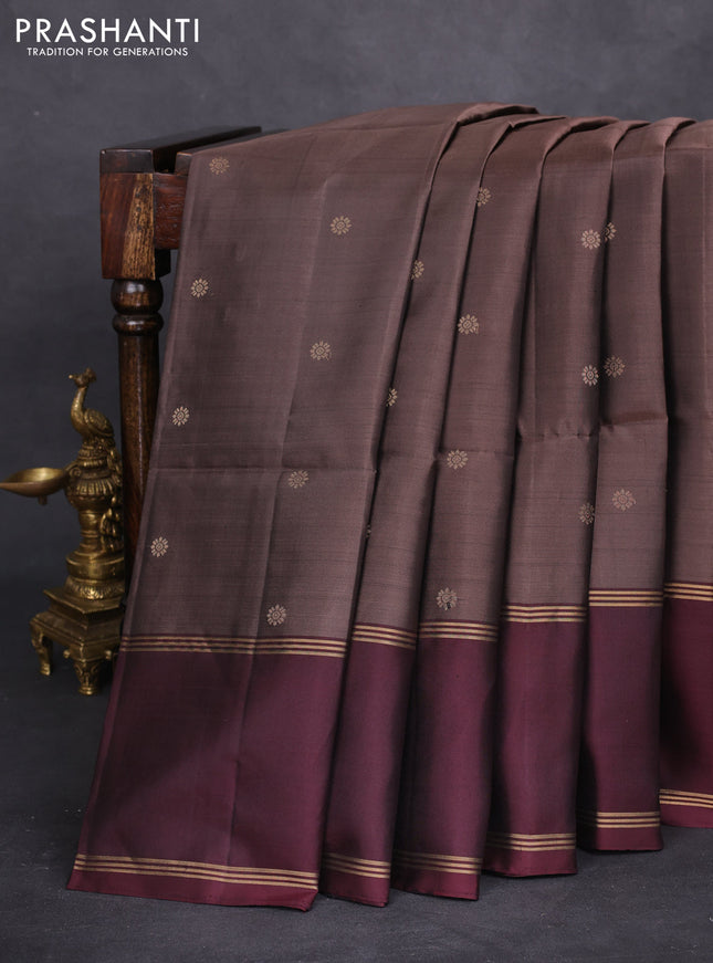 Pure soft silk saree pastel brown and deep maroon with zari woven buttas and rettapet zari woven border