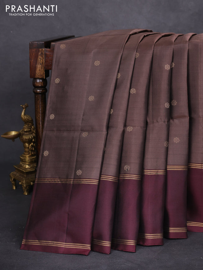 Pure soft silk saree pastel brown and deep maroon with zari woven buttas and rettapet zari woven border