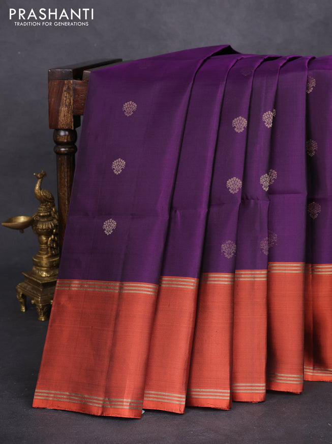 Pure soft silk saree purple and rustic orange with zari woven buttas and rettapet zari woven border