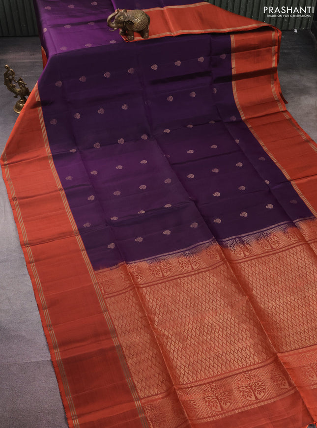 Pure soft silk saree purple and rustic orange with zari woven buttas and rettapet zari woven border