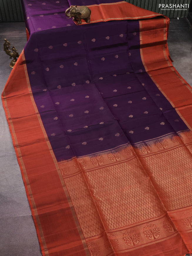 Pure soft silk saree purple and rustic orange with zari woven buttas and rettapet zari woven border