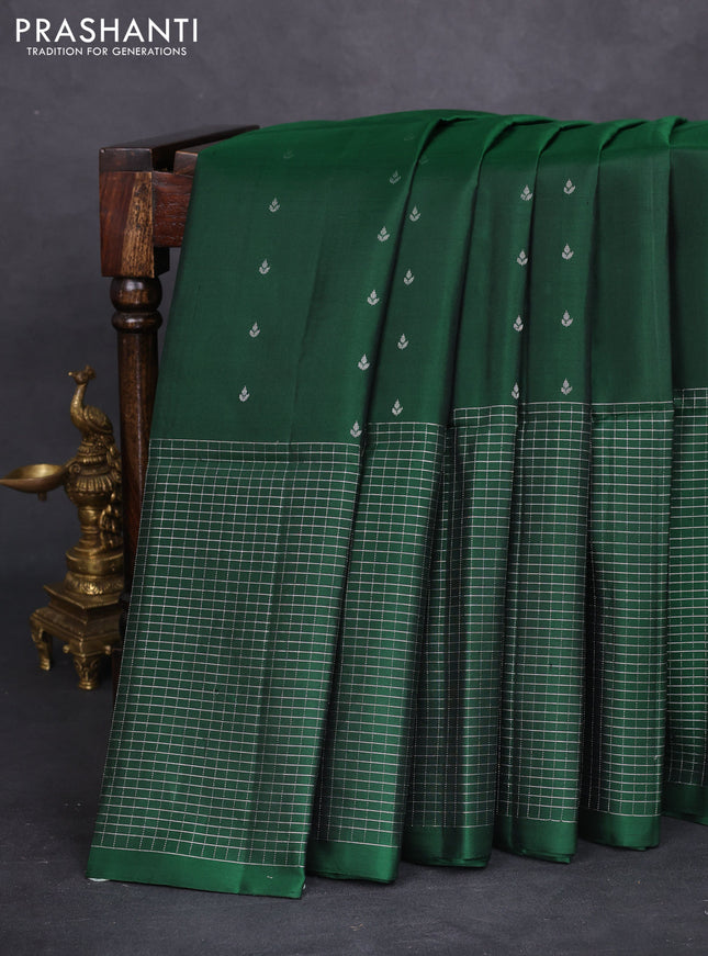 Pure soft silk saree green with silver zari woven buttas and long silver zari woven checked border