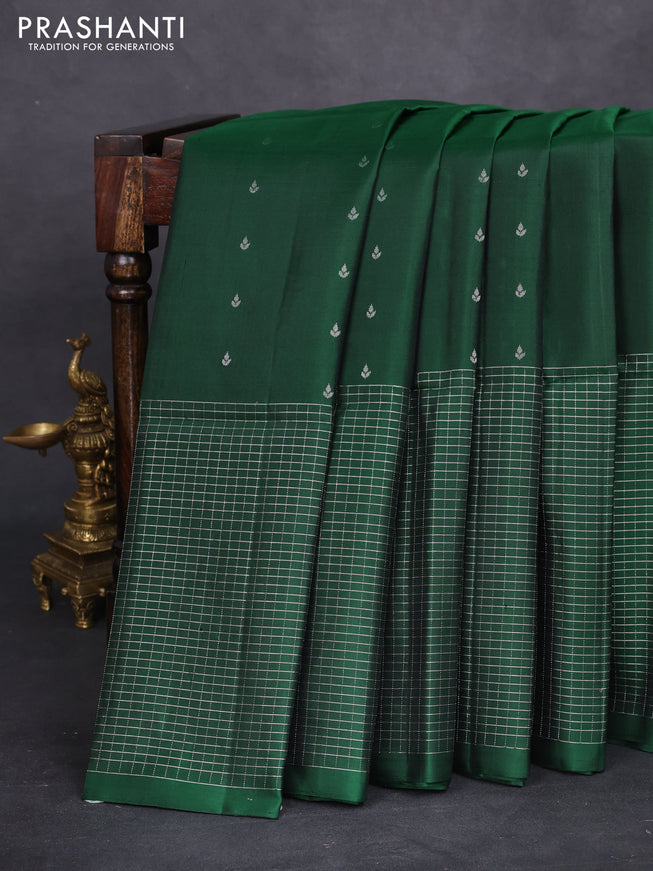 Pure soft silk saree green with silver zari woven buttas and long silver zari woven checked border