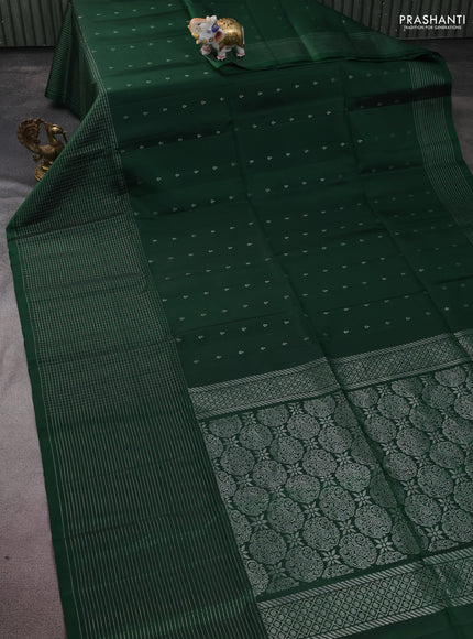 Pure soft silk saree green with silver zari woven buttas and long silver zari woven checked border