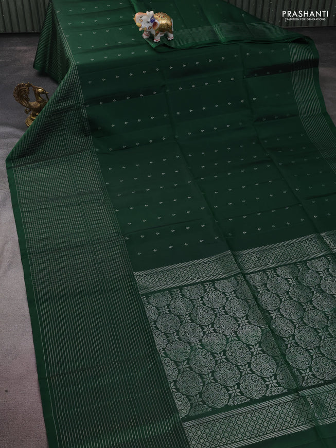 Pure soft silk saree green with silver zari woven buttas and long silver zari woven checked border