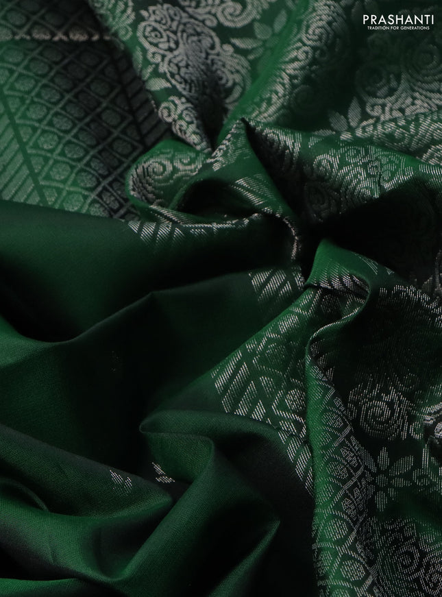 Pure soft silk saree green with silver zari woven buttas and long silver zari woven checked border