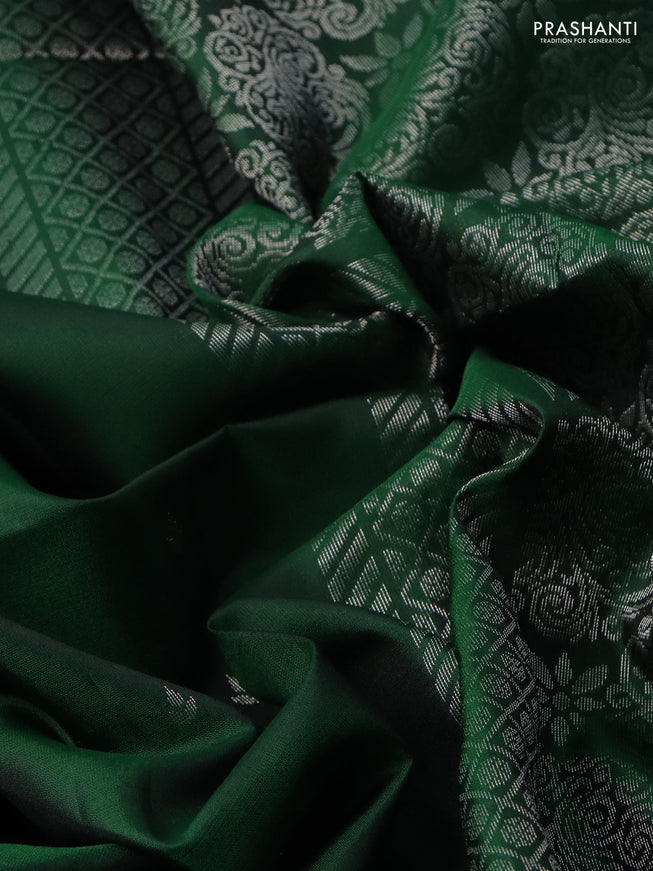 Pure soft silk saree green with silver zari woven buttas and long silver zari woven checked border