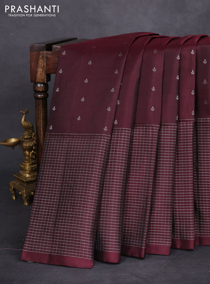 Pure soft silk saree deep maroon with silver zari woven buttas and long silver zari woven checked border