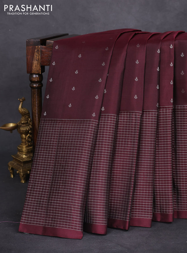 Pure soft silk saree deep maroon with silver zari woven buttas and long silver zari woven checked border