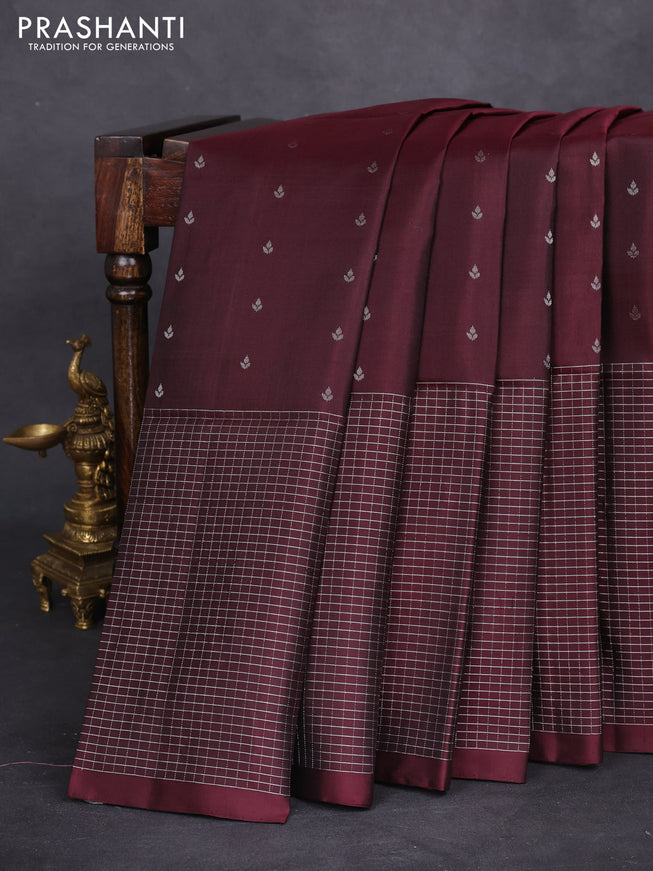Pure soft silk saree deep maroon with silver zari woven buttas and long silver zari woven checked border
