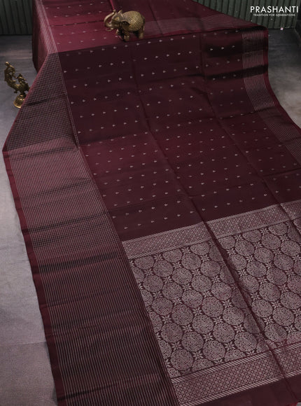 Pure soft silk saree deep maroon with silver zari woven buttas and long silver zari woven checked border