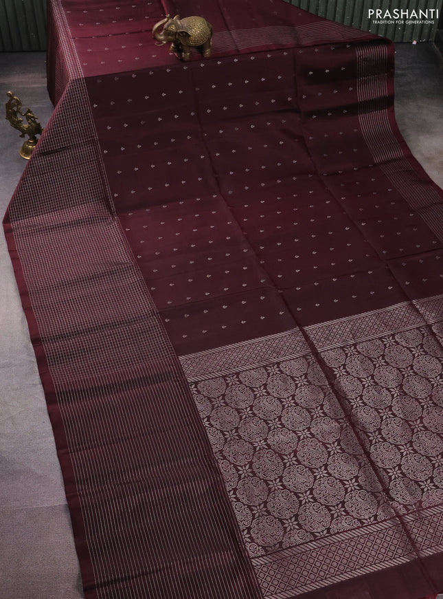 Pure soft silk saree deep maroon with silver zari woven buttas and long silver zari woven checked border