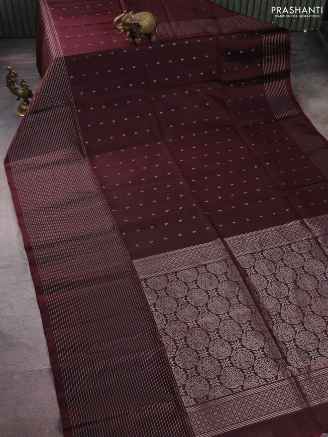 Pure soft silk saree deep maroon with silver zari woven buttas and long silver zari woven checked border