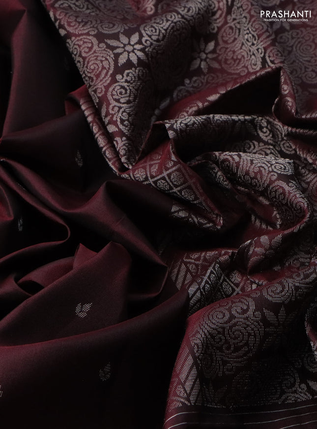 Pure soft silk saree deep maroon with silver zari woven buttas and long silver zari woven checked border