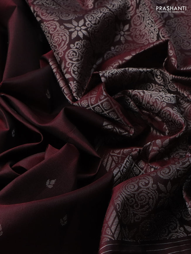 Pure soft silk saree deep maroon with silver zari woven buttas and long silver zari woven checked border