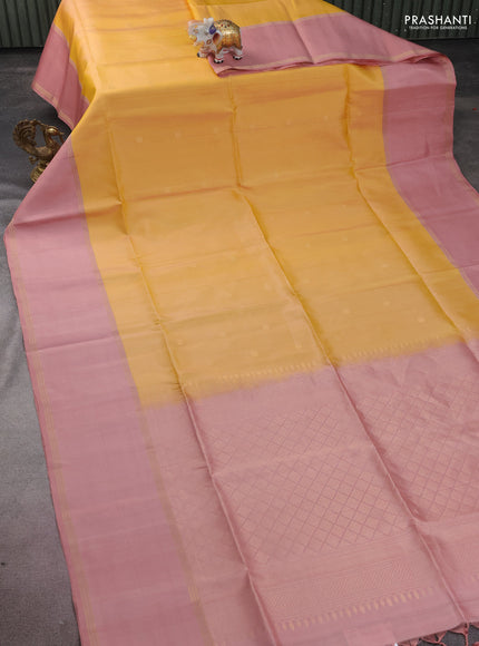 Pure soft silk saree yellow and pastel peach with zari woven floral buttas and rettapet zari woven border