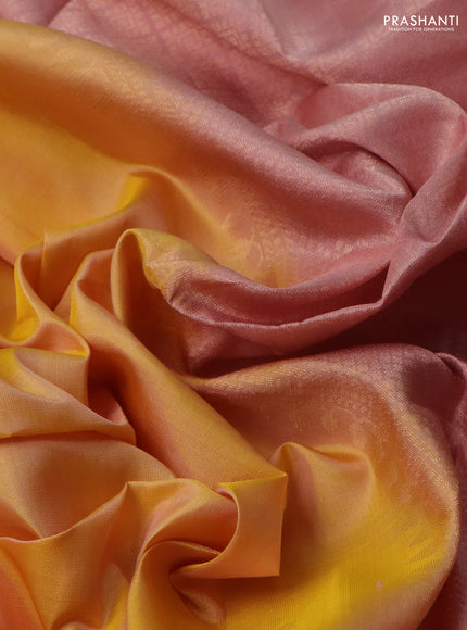 Pure soft silk saree yellow and pastel peach with zari woven floral buttas and rettapet zari woven border