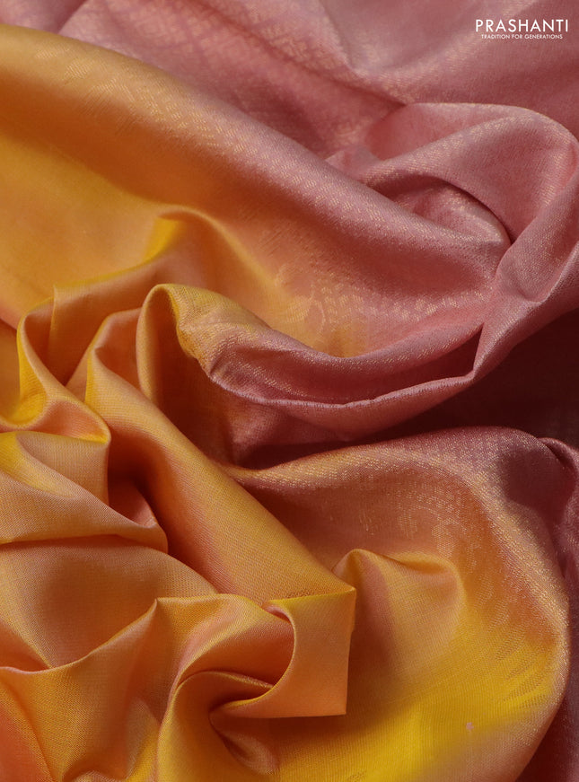 Pure soft silk saree yellow and pastel peach with zari woven floral buttas and rettapet zari woven border