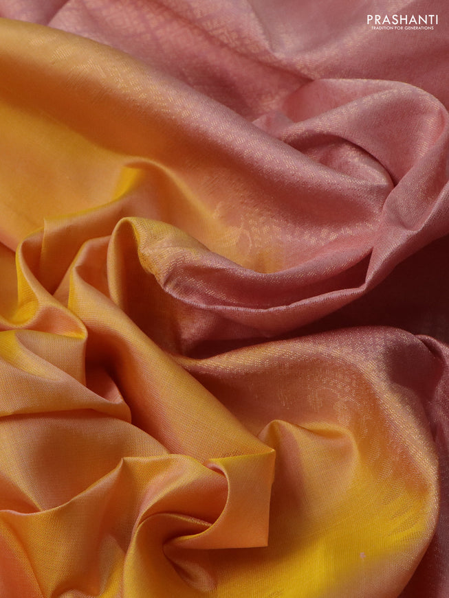 Pure soft silk saree yellow and pastel peach with zari woven floral buttas and rettapet zari woven border