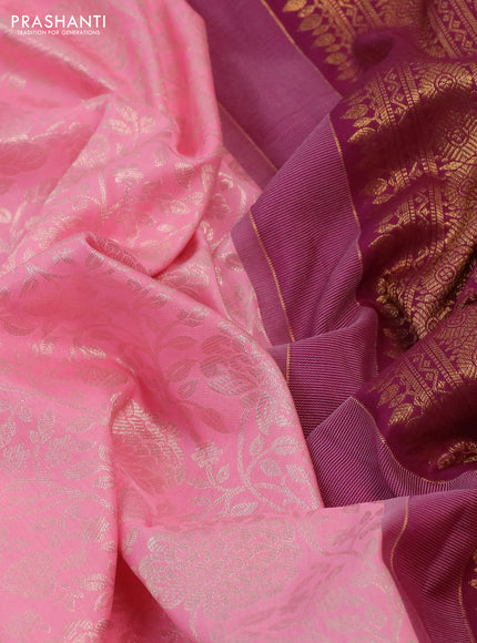 Kanchipuram silk saree light pink and wine shade with allover silver zari woven floral brocade weaves and long rich zari woven border