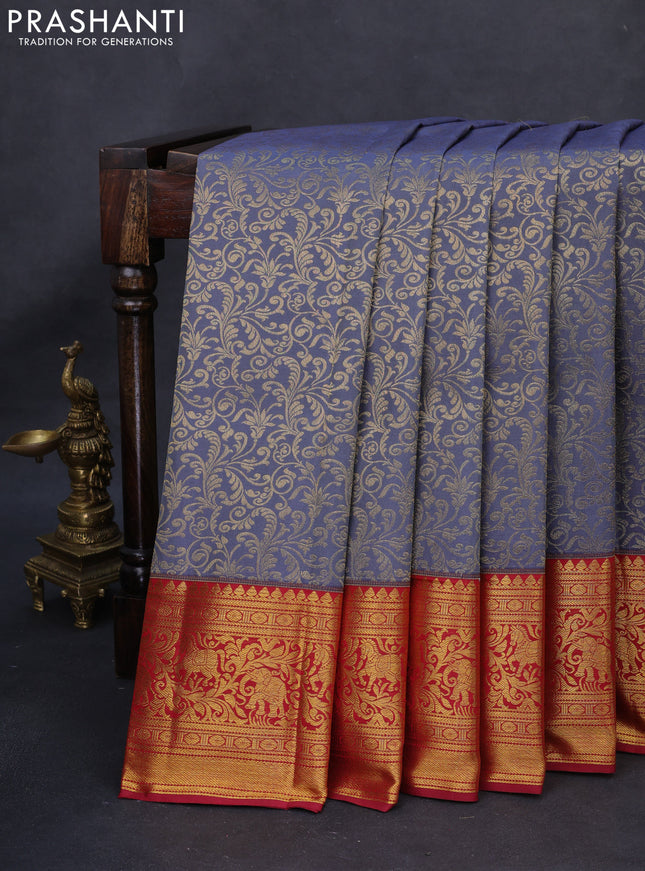 Kanchipuram silk saree grey and maroon with allover zari woven brocade weaves and rich zari woven border