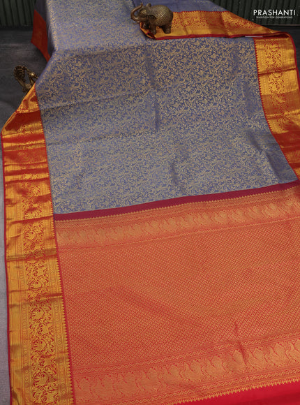 Kanchipuram silk saree grey and maroon with allover zari woven brocade weaves and rich zari woven border