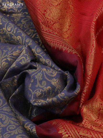Kanchipuram silk saree grey and maroon with allover zari woven brocade weaves and rich zari woven border