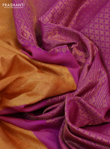 Kanchipuram silk saree peach orange and purple with allover zari woven brocade weaves and rich zari woven border