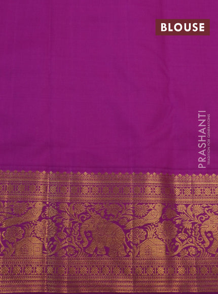 Kanchipuram silk saree peach orange and purple with allover zari woven brocade weaves and rich zari woven border