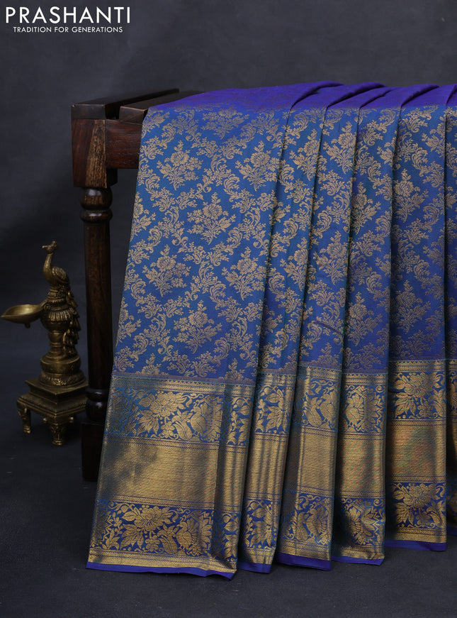 Kanchipuram silk saree dual shade of blue with allover zari woven brocade weaves and long rich zari woven border