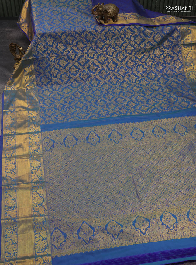 Kanchipuram silk saree dual shade of blue with allover zari woven brocade weaves and long rich zari woven border