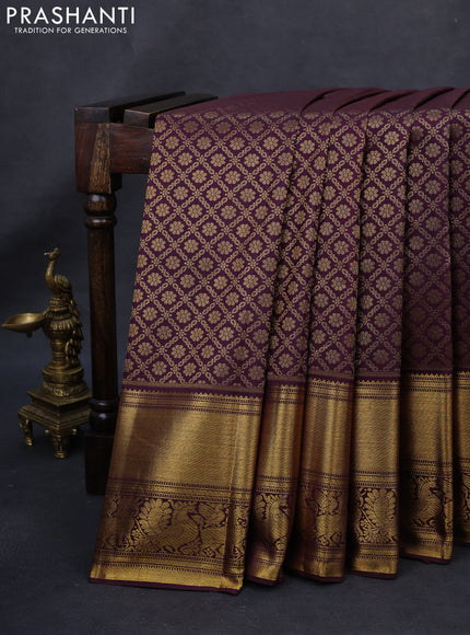 Kanchipuram silk saree wine shade with allover zari woven brocade weaves and long rich zari woven border